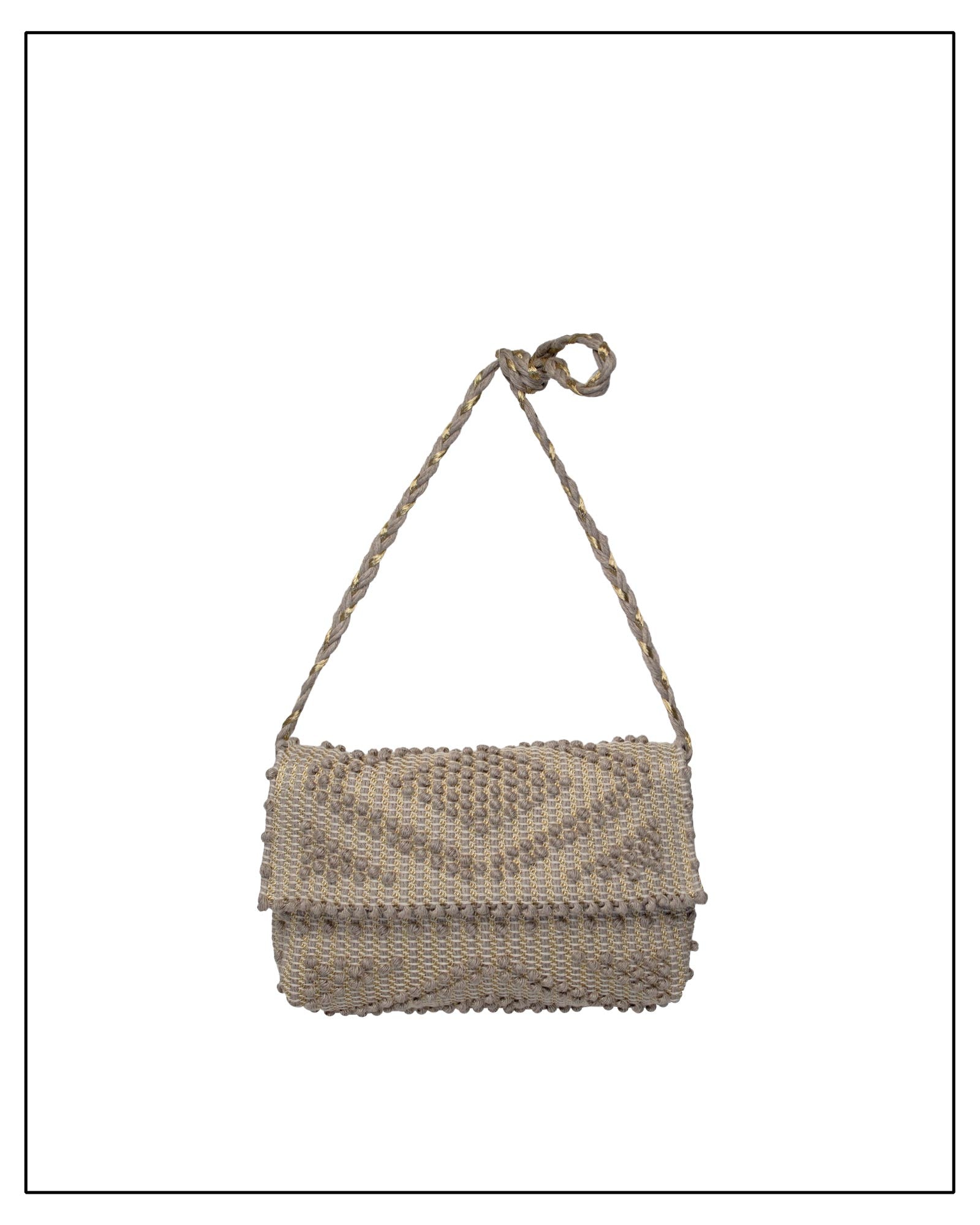 Main image of Antonello Tedde Suni Square crossbody bag handwoven in Sardinia in natural cord linen with subtle golden yarn and braided shoulder strap