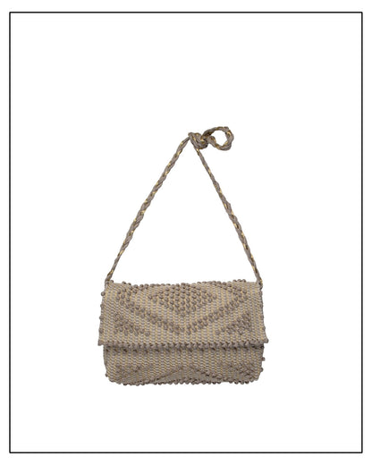 Main image of Antonello Tedde Suni Square crossbody bag handwoven in Sardinia in natural cord linen with subtle golden yarn and braided shoulder strap