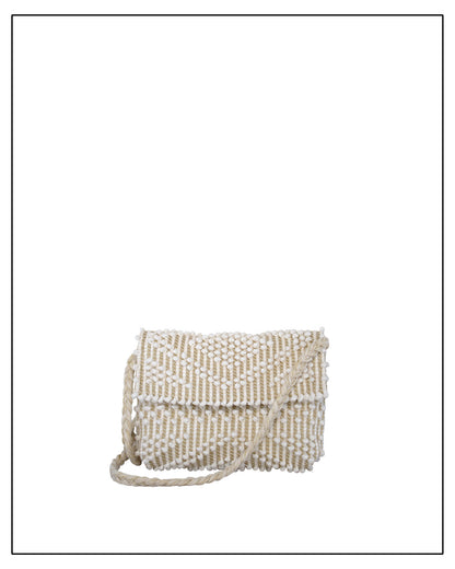 Main view of an Antonello Tedde Suni Small crossbody bag handwoven in Sardinia in cream Italian linen, ivory and subtle golden yarn with braided strap.
