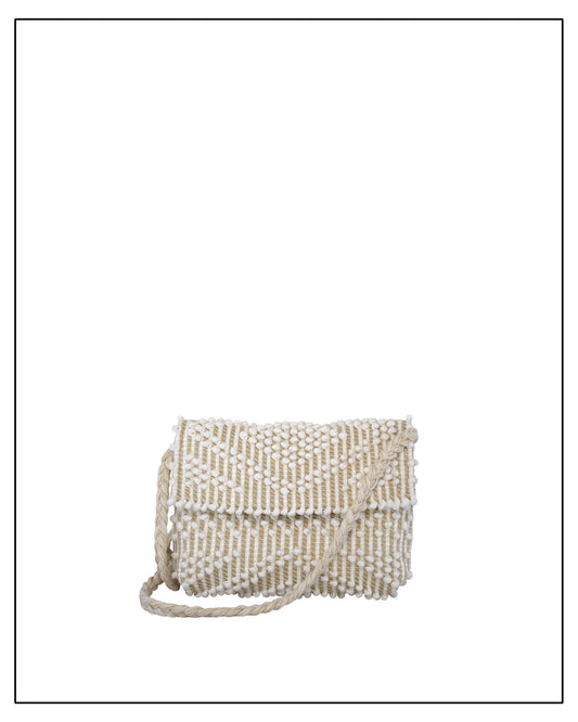 Main view of an Antonello Tedde Suni Small crossbody bag handwoven in Sardinia in cream Italian linen, ivory and subtle golden yarn with braided strap.