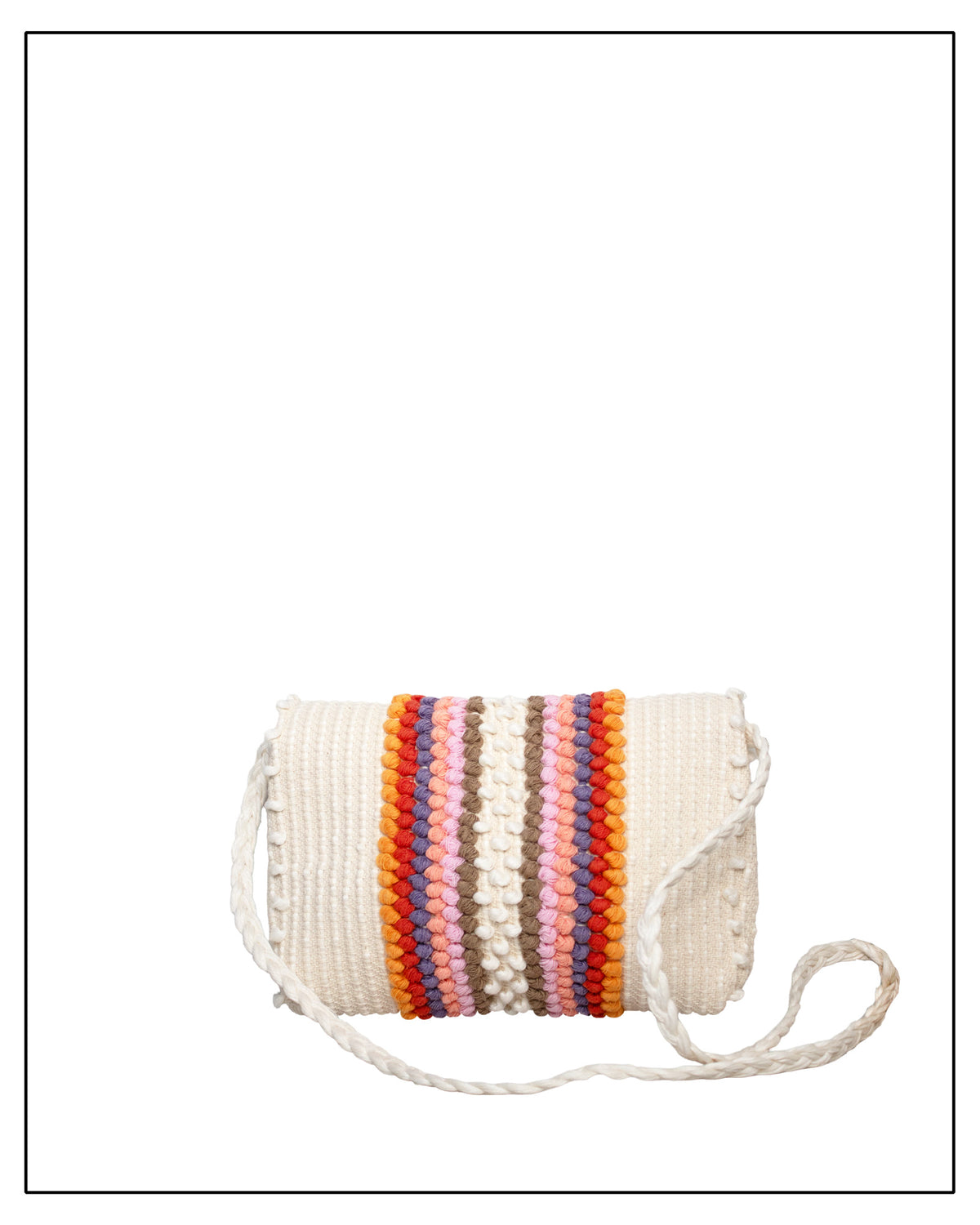 Back view of Antonello Tedde Suni Fire crossbody bag handwoven in Sardinia in cream linen and cotton with colourful raised stripes and braided shoulder strap.