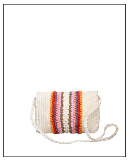 Back view of Antonello Tedde Suni Fire crossbody bag handwoven in Sardinia in cream linen and cotton with colourful raised stripes and braided shoulder strap.