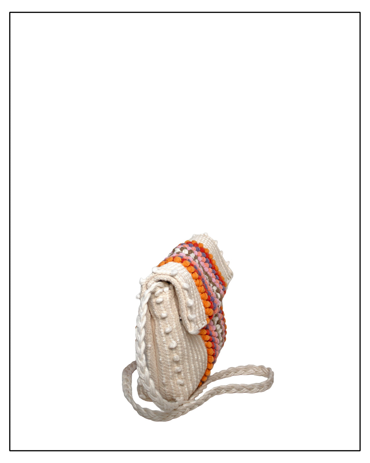 Side view of Antonello Tedde Suni Fire crossbody bag handwoven in Sardinia in cream linen and cotton with colourful raised stripes and braided shoulder strap.