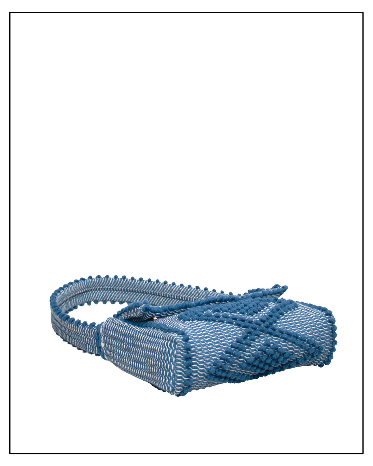Flat view of Antonello Tedde Suni X crossbody bag handwoven in Sardinia from denim blue, grey and cream cotton with raised rombi pattern and braided shoulder strap