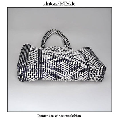 URTEI tote - Ethically Crafted Sardinian Handwoven Cotton tote: Sustainable Elegance preserving traditions - CREAM LINEN BLACK
