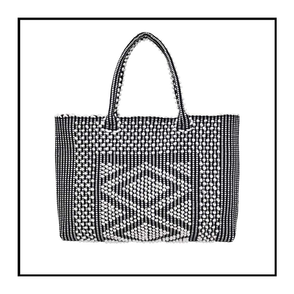URTEI tote - Ethically Crafted Sardinian Handwoven Cotton tote: Sustainable Elegance preserving traditions - CREAM LINEN BLACK