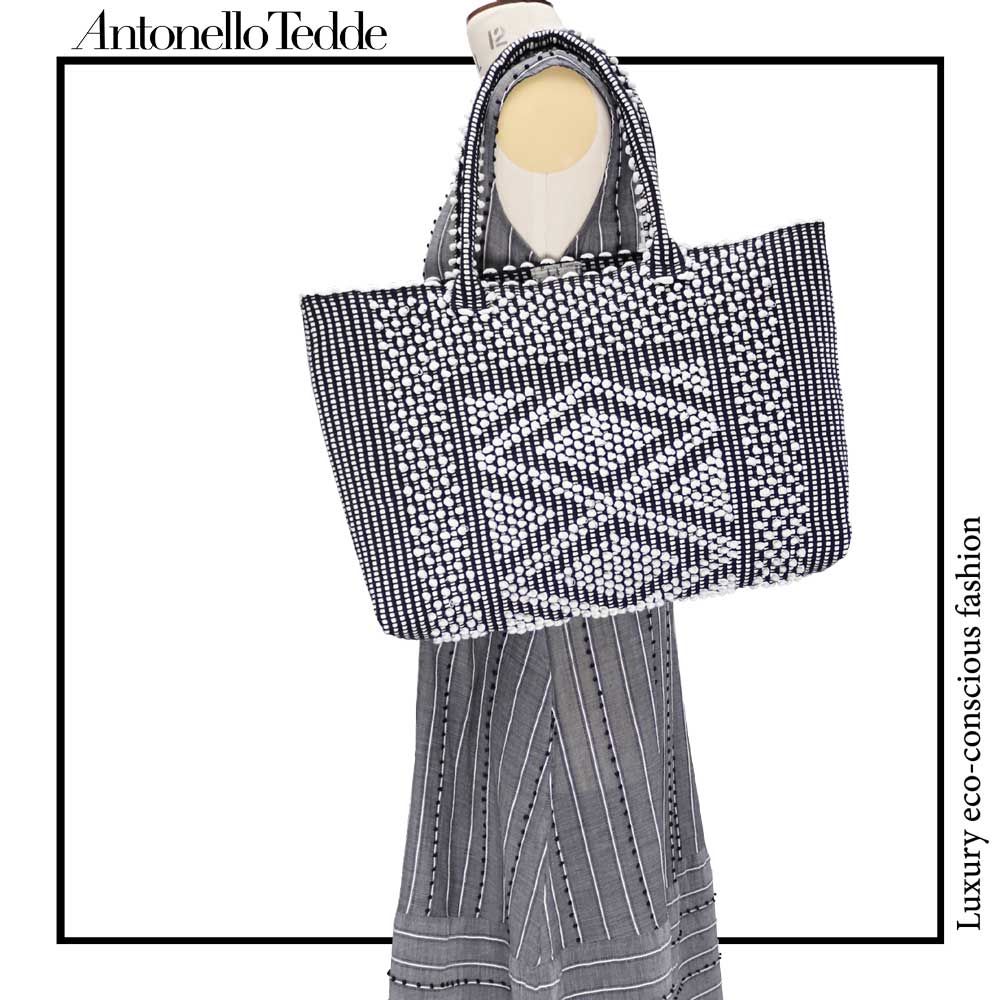 URTEI tote - Ethically Crafted Sardinian Handwoven Cotton tote: Sustainable Elegance preserving traditions - CREAM LINEN BLACK