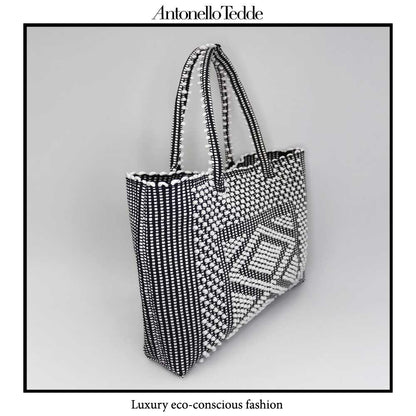 URTEI tote - Ethically Crafted Sardinian Handwoven Cotton tote: Sustainable Elegance preserving traditions - CREAM LINEN BLACK