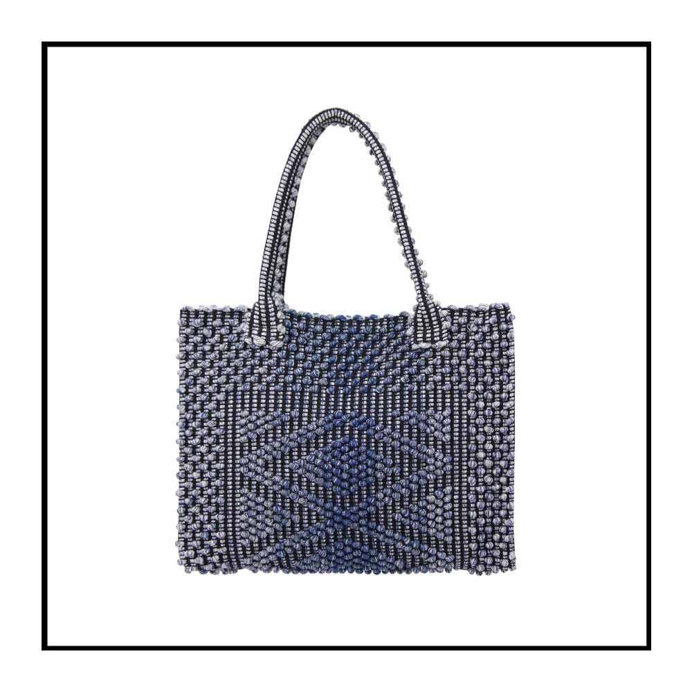 FRONTAL VIEW OF MELANGE BLUE with BLACK GROUND SQUARE TOTE bag to complete your look with our selection of accessories crafted with the environment in mind