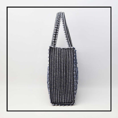 SIDE VIEW OF MELANGE BLUE with BLACK GROUND SQUARE TOTE bag to complete your look with our selection of accessories crafted with the environment in mind