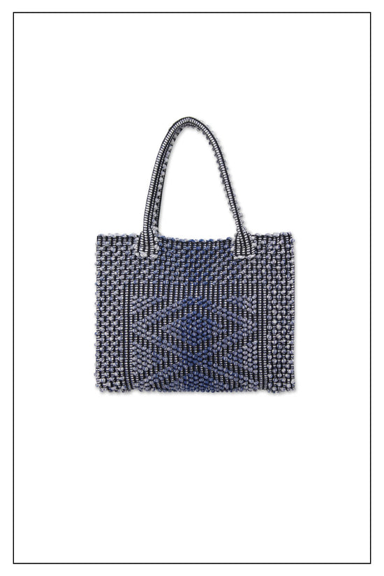 FRONTAL VIEW OF MELANGE BLUE with BLACK GROUND SQUARE TOTE bag to complete your look with our selection of accessories crafted with the environment in mind