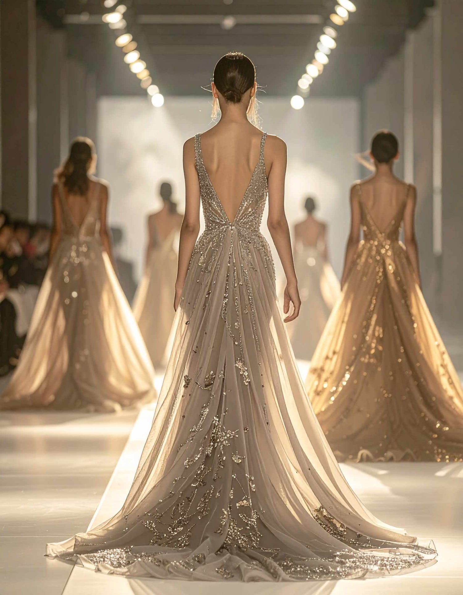 A model wearing a sparkling evening gown on a runway with other models in similar attire. Haute couture runway atmosphere in Paris 2026 featuring neutral-toned gowns and sculptural silhouettes under soft, dramatic lighting.