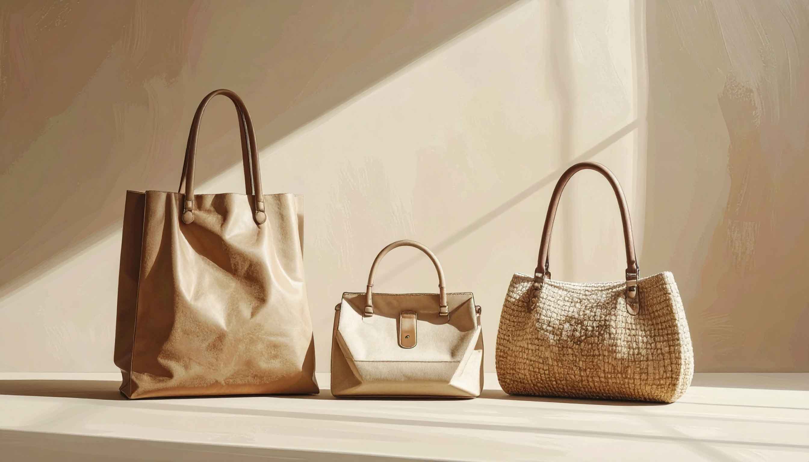 Three handbag styles for 2026 including a structured tote, sculptural mini bag, and soft woven design illustrating how to choose the right handbag