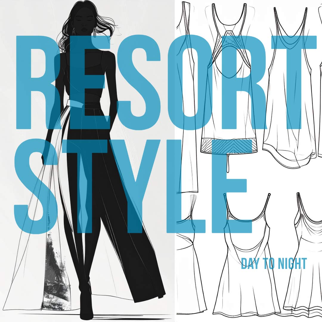 Advertisement for 'Resort Style' with a silhouette of a woman and fashion illustrations. Black and white illustration of elegant dresses with flowing skirts. A two-piece choice that reflects sustainable resort travel and artisanal design.