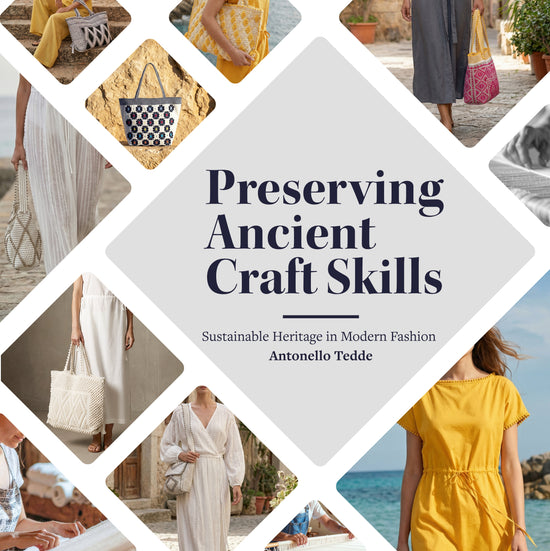 Collage of people wearing and using handbags with text 'Preserving Ancient Craft Skills' on a white background. Antonello Tedde, the designer that this collage refers to.