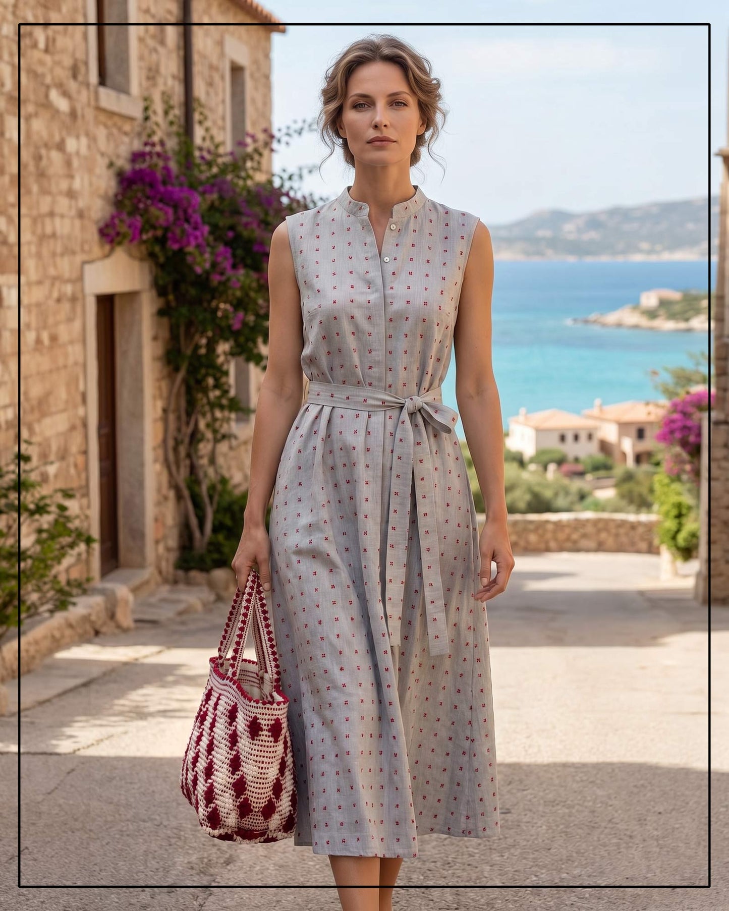 Antonello Tedde Celvia Medium Red Tote Bag is handwoven, a reimagined classic that marks the return of the beloved rombetti (Multiple Diamonds) pattern in a fresh, contemporary silhouette, here worn with a Grey and Red dress. 