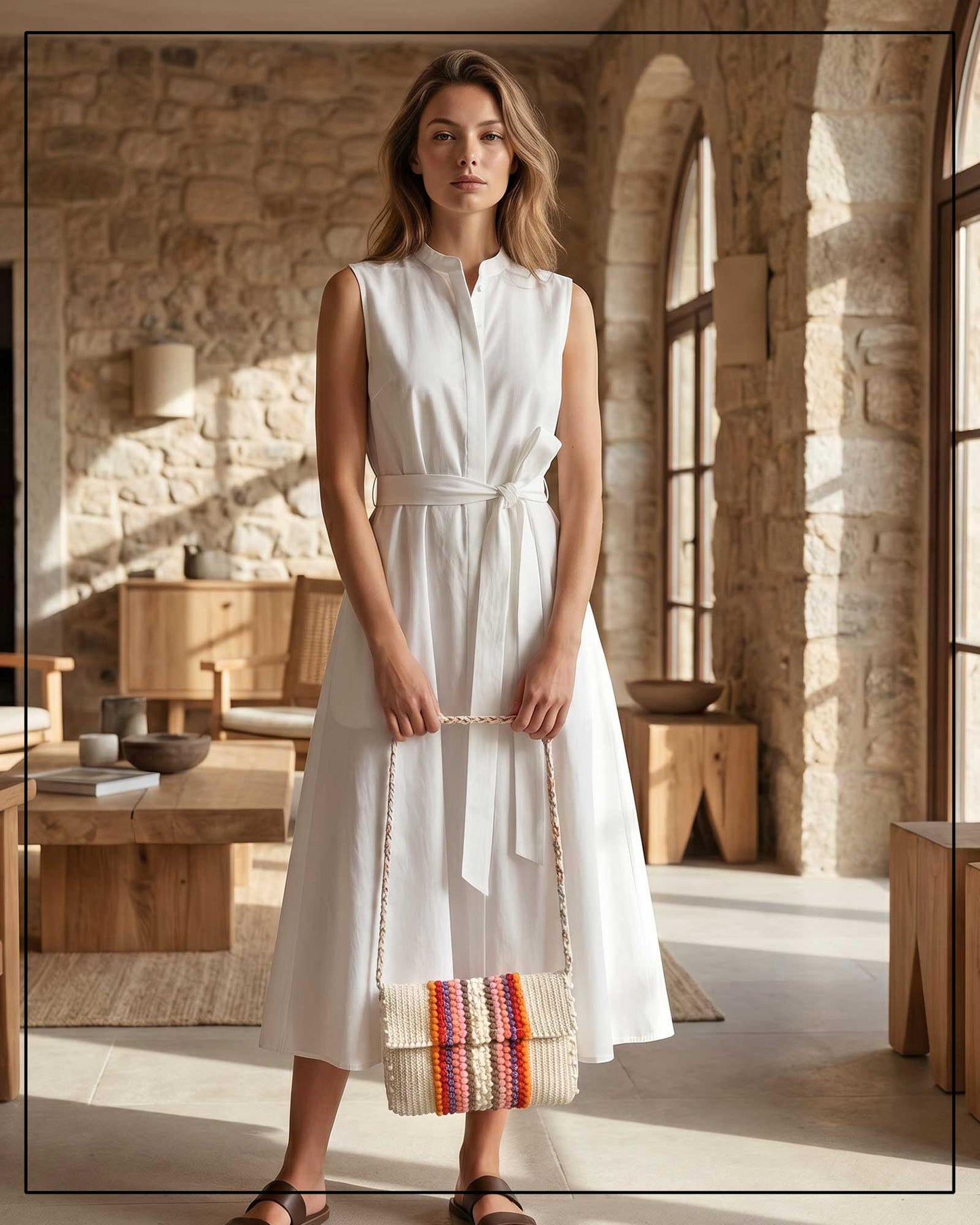 A woman stands in a sunlit stone interior wearing a sleeveless white midi dress with a tie waist and holding an Antonello Tedde Suni Fire crossbody bag, handwoven in Sardinia in cream linen and cotton with colourful raised stripes and a braided shoulder strap