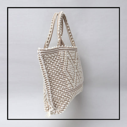 Side of Medium tote bag cream base chestnut Ethical and Sustainable Handbags. The best eco luxury bags and accessories brand. Stylish clothes and Eco-Friendly with recycled yarns #luxury #ecoconcious #sustainablestyle #ethicalbrands #ethicalhandbags #handbags #sustainablelifestyle #ethicalfashion #sustainability