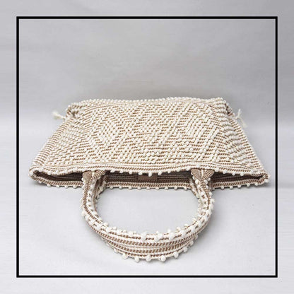 flat view Medium tote bag cream base chestnut Ethical and Sustainable Handbags. The best eco luxury bags and accessories brand. Stylish clothes and Eco-Friendly with recycled yarns #luxury #ecoconcious #sustainablestyle #ethicalbrands #ethicalhandbags #handbags #sustainablelifestyle #ethicalfashion #sustainability