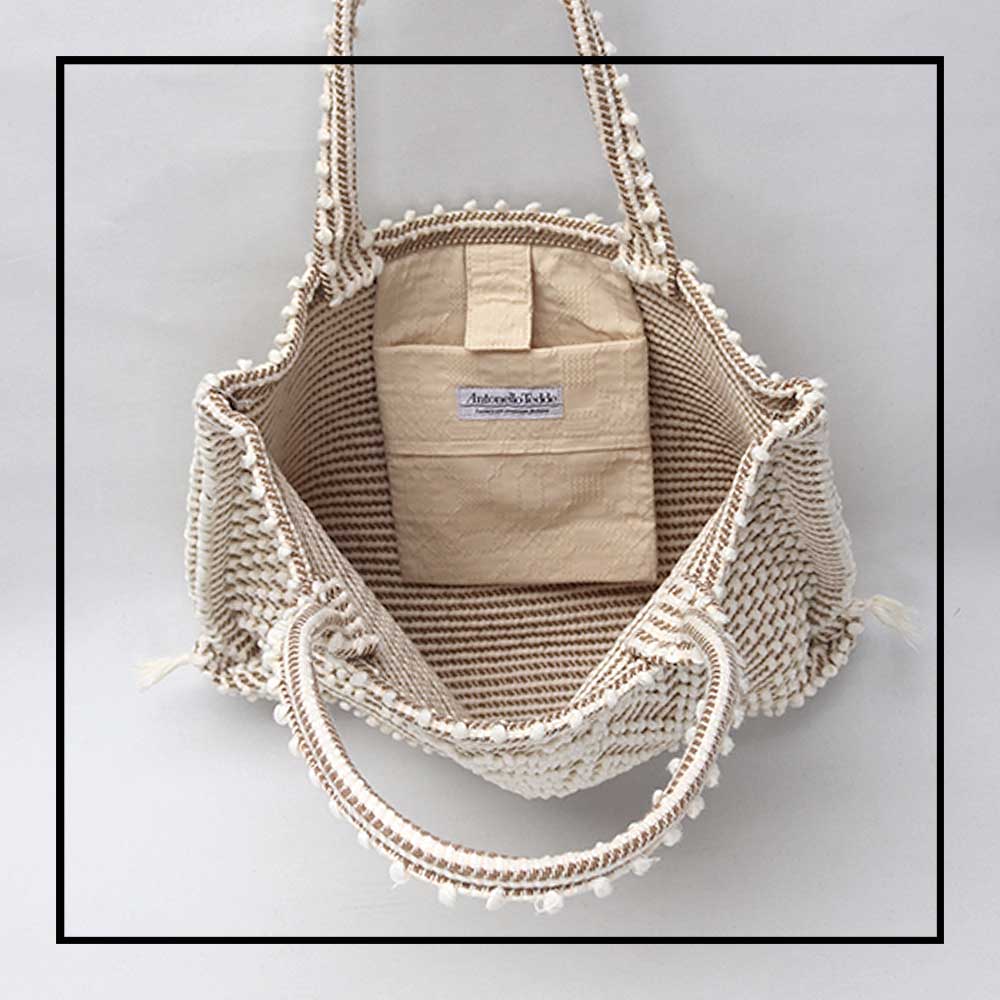 inside view Medium tote bag cream base chestnut Ethical and Sustainable Handbags. The best eco luxury bags and accessories brand. Stylish clothes and Eco-Friendly with recycled yarns #luxury #ecoconcious #sustainablestyle #ethicalbrands #ethicalhandbags #handbags #sustainablelifestyle #ethicalfashion #sustainability