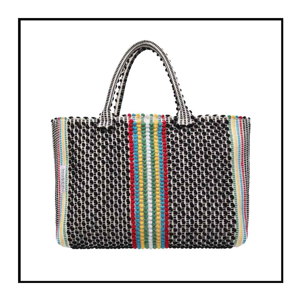 URTEI Strisce Multi. Ethically Crafted Sardinian Handwoven Cotton tote: Sustainable Elegance preserving traditions BLACK bag