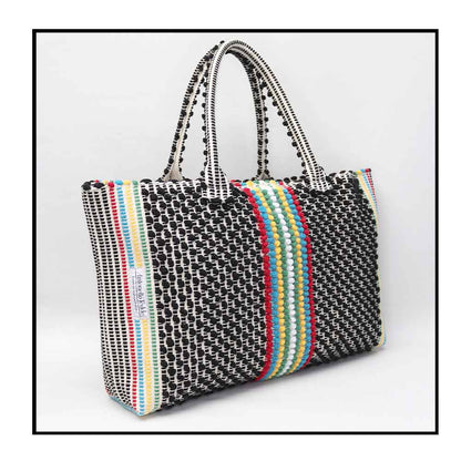 URTEI Strisce Multi. Ethically Crafted Sardinian Handwoven Cotton tote: Sustainable Elegance preserving traditions BLACK bag