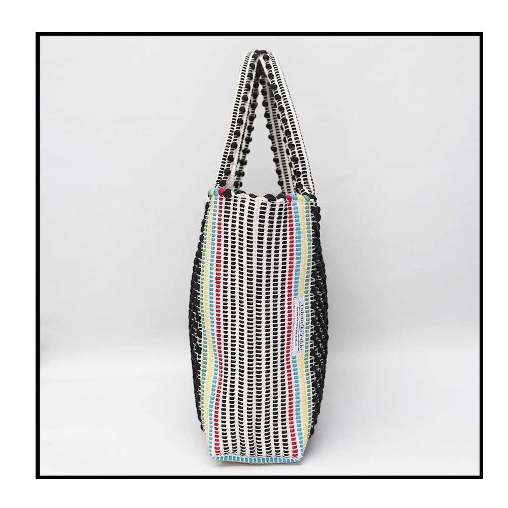 URTEI Strisce Multi. Ethically Crafted Sardinian Handwoven Cotton tote: Sustainable Elegance preserving traditions BLACK bag