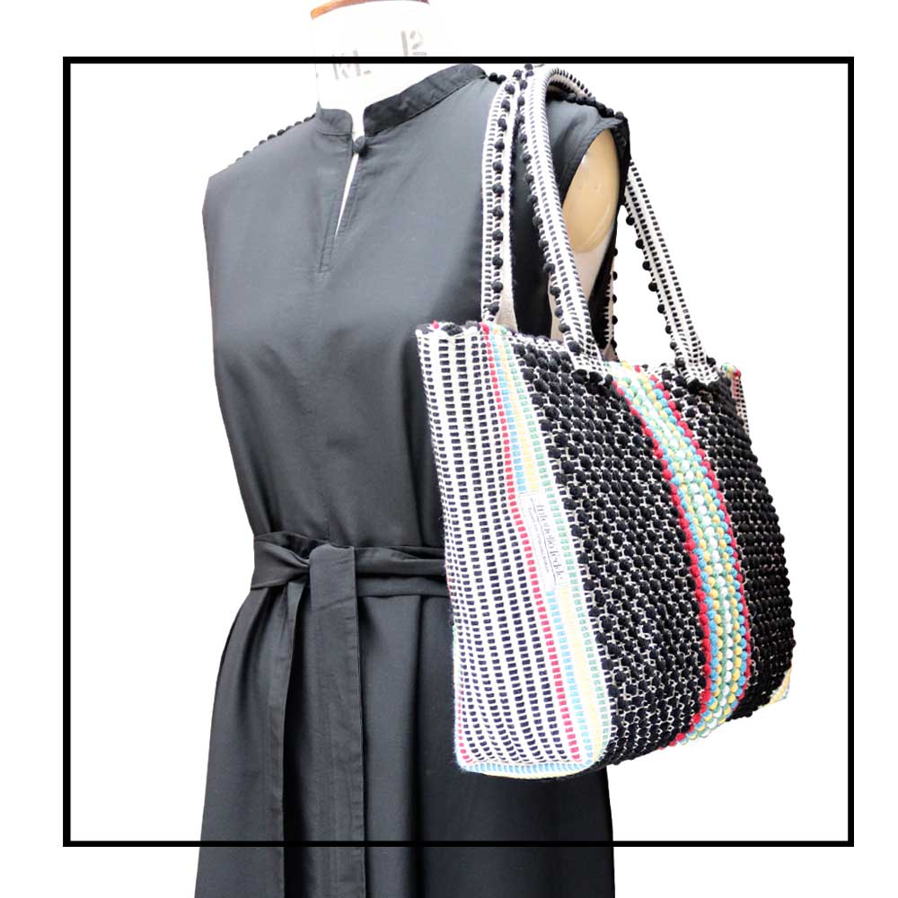 URTEI Strisce Multi. Ethically Crafted Sardinian Handwoven Cotton tote: Sustainable Elegance preserving traditions BLACK bag