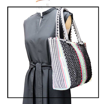 URTEI Strisce Multi. Ethically Crafted Sardinian Handwoven Cotton tote: Sustainable Elegance preserving traditions BLACK bag