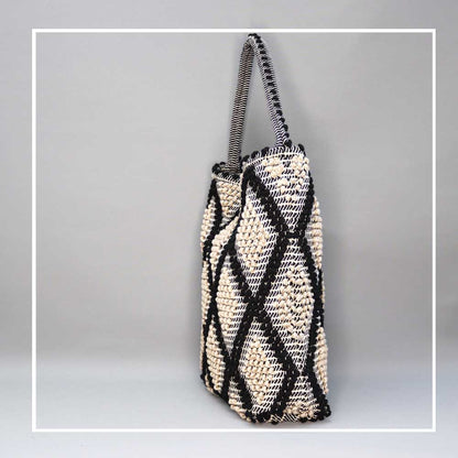 BULTEI Rombi - Ethically Crafted Handwoven Cotton BUCKET Bag: Sustainable Elegance with Redefined Quality in CORD LINEN and BLACK