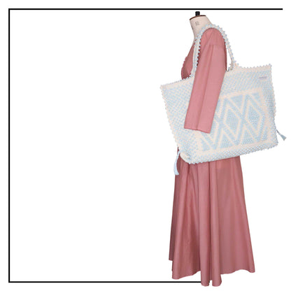 CAPRICCIOLI LARGE Rombi Tote - Sustainable handwoven large tote fashion handbag - LIGHT GREY with CREAM bag