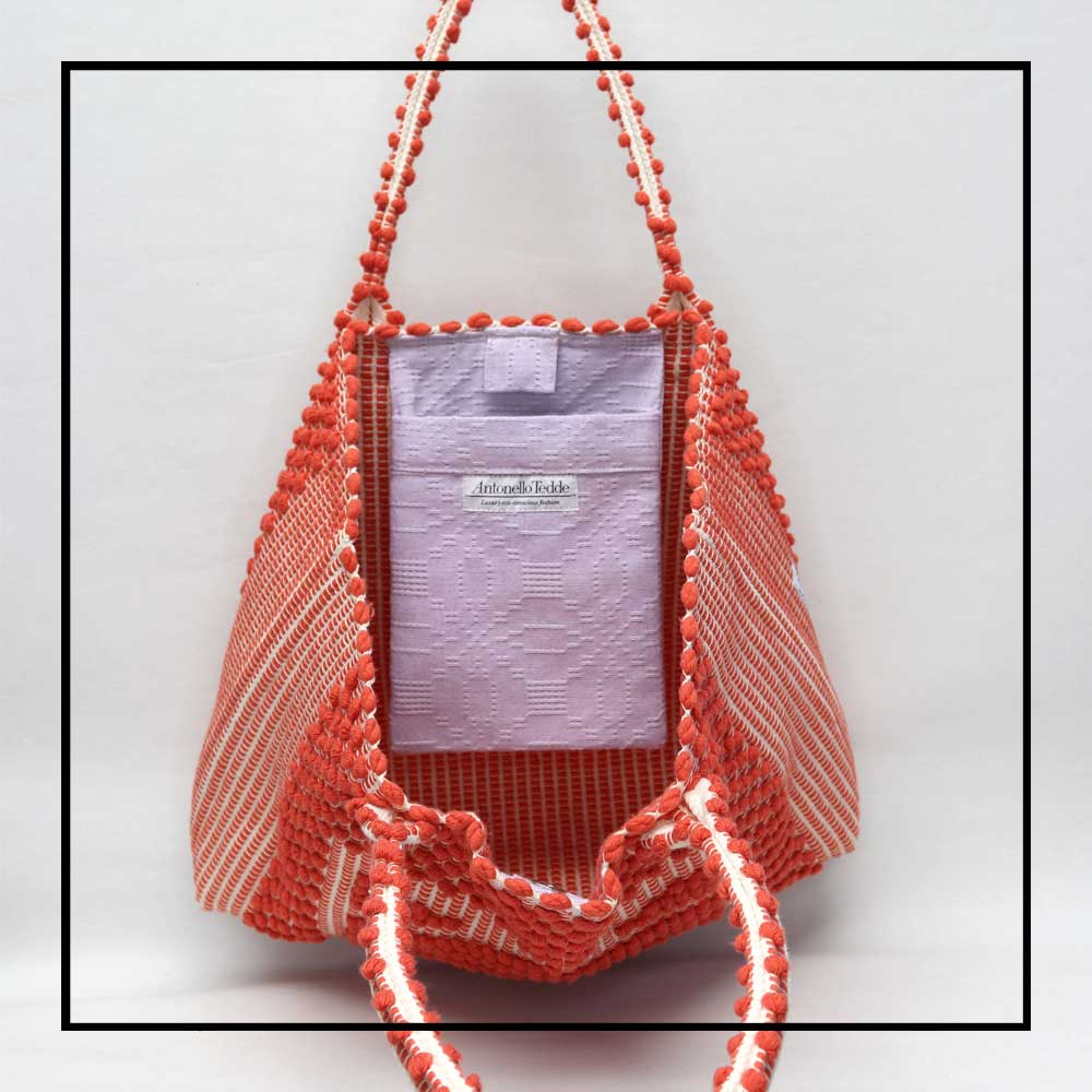 URTEI Rombi. Ethically Crafted Sardinian Handwoven Cotton tote: Sustainable Elegance preserving traditions CORAL bag