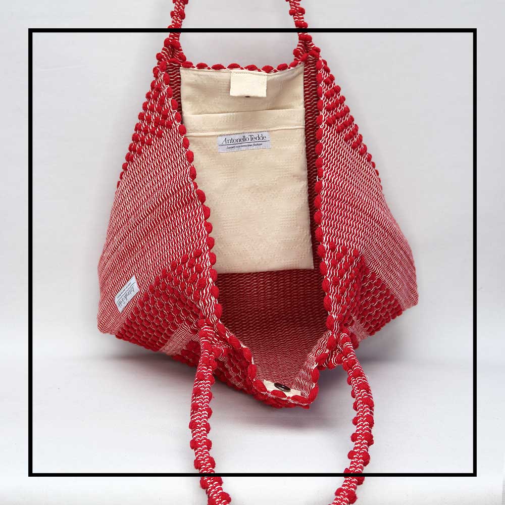 URTEI Rombi. Ethically Crafted Sardinian Handwoven Cotton tote: Sustainable Elegance preserving traditions RED bag
