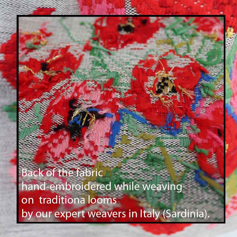 back fabric detail Bultei_bucket bag_red flowers with white ground Best eco luxury bags and accessories brand. Stylish clothes and Eco-Friendly with recycled yarns #luxury #ecoconcious #sustainablestyle #ethicalbrands #ecoliving #ecofashion #ecostyle #ethicalhandbags #handbags