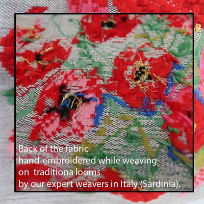 back fabric detail Bultei_bucket bag_red flowers with white ground Best eco luxury bags and accessories brand. Stylish clothes and Eco-Friendly with recycled yarns #luxury #ecoconcious #sustainablestyle #ethicalbrands #ecoliving #ecofashion #ecostyle #ethicalhandbags #handbags