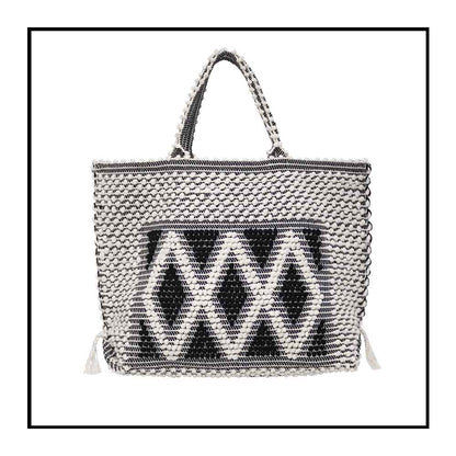 Sustainable tote - summer bag - luxury handbag - handwoven black and white tote made in Italy by hand • timeless individualistic fashion • eco-friendly fashion • socially responsible, lasting fashion.