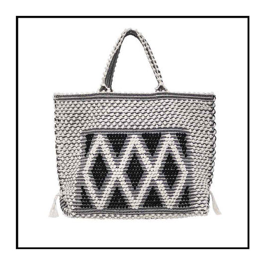 Sustainable tote - summer bag - luxury handbag - handwoven black and white tote made in Italy by hand • timeless individualistic fashion • eco-friendly fashion • socially responsible, lasting fashion.