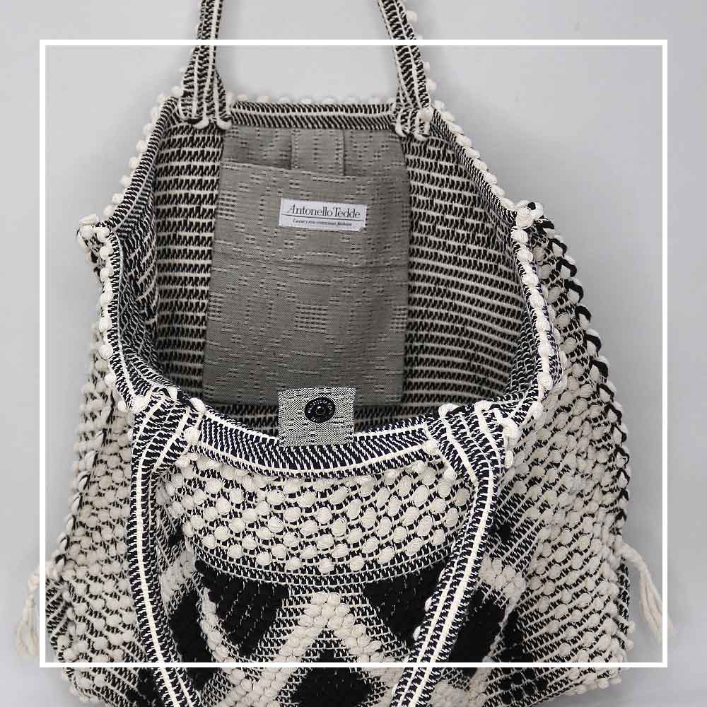 Tote Inside Pocket with magnetic closure -  Sustainable tote - summer bag - luxury handbag - handwoven black and white tote made in Italy by hand • timeless individualistic fashion • eco-friendly fashion • socially responsible, lasting fashion, 