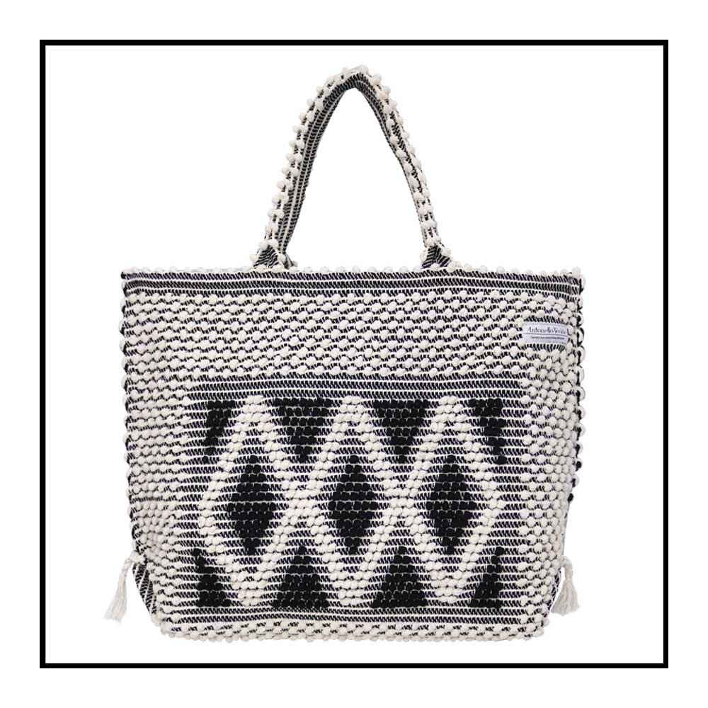 Front view - Sustainable tote - summer bag - luxury handbag - handwoven black and white tote made in Italy by hand • timeless individualistic fashion • eco-friendly fashion • socially responsible, lasting fashion, 