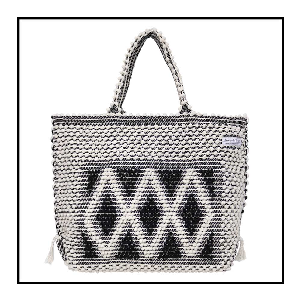 Front view - Sustainable tote - summer bag - luxury handbag - handwoven black and white tote made in Italy by hand • timeless individualistic fashion • eco-friendly fashion • socially responsible, lasting fashion, 