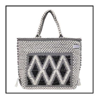 Front view - Sustainable tote - summer bag - luxury handbag - handwoven black and white tote made in Italy by hand • timeless individualistic fashion • eco-friendly fashion • socially responsible, lasting fashion, 