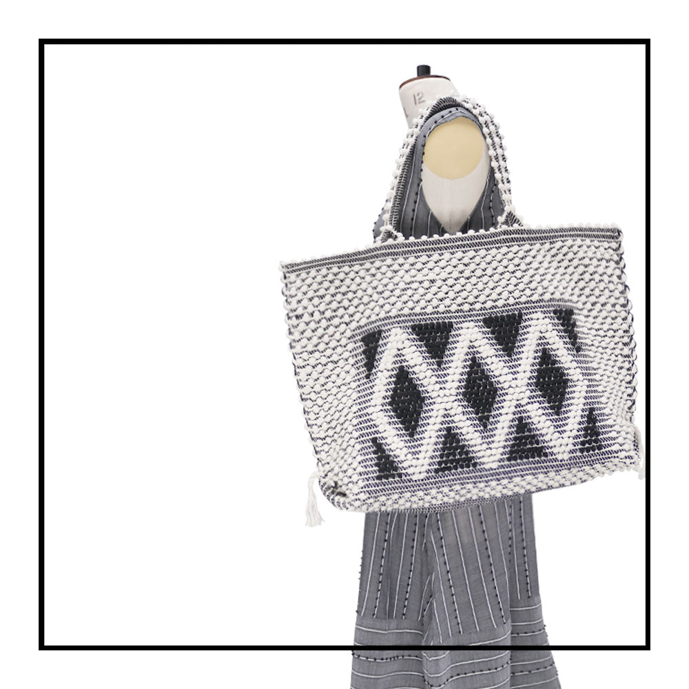 Tote on Model - Sustainable tote - summer bag - luxury handbag - handwoven black and white tote made in Italy by hand • timeless individualistic fashion • eco-friendly fashion • socially responsible, lasting fashion, 