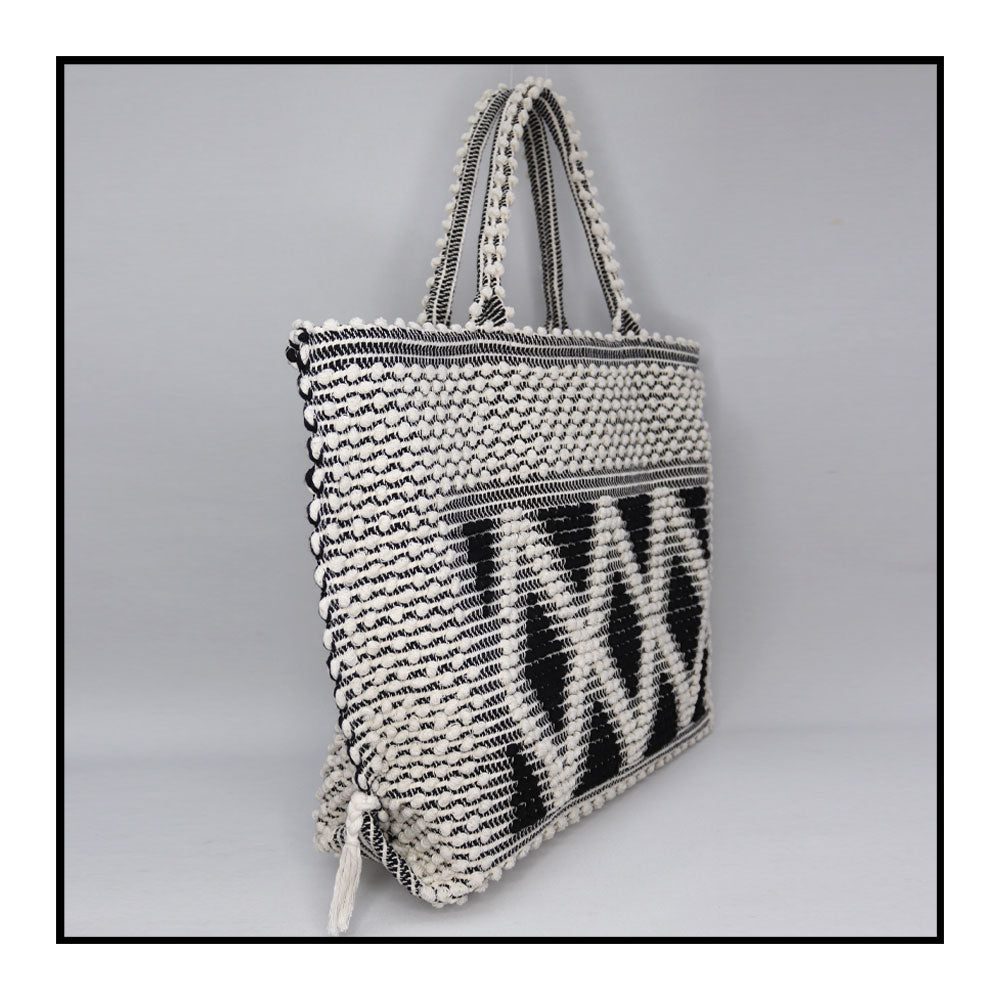 Tote Side view - Sustainable tote - summer bag - luxury handbag - handwoven black and white tote made in Italy by hand • timeless individualistic fashion • eco-friendly fashion • socially responsible, lasting fashion, 