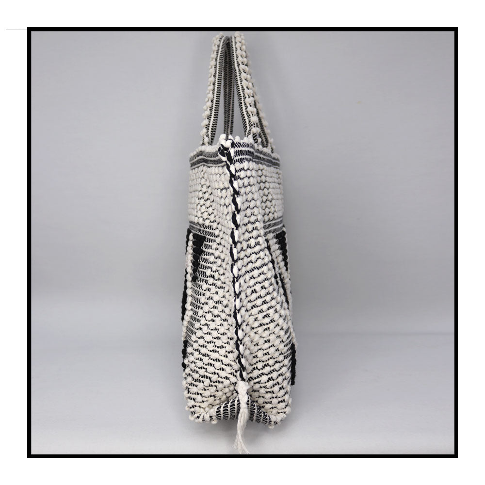 Tote side view - Sustainable tote - summer bag - luxury handbag - handwoven black and white tote made in Italy by hand • timeless individualistic fashion • eco-friendly fashion • socially responsible, lasting fashion, 